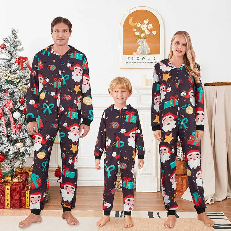 Matching Family Christmas Pajamas Set with Cartoon Elk Santa Snowflake Deer Print Hooded Long Sleeve Zipper-Up Romper