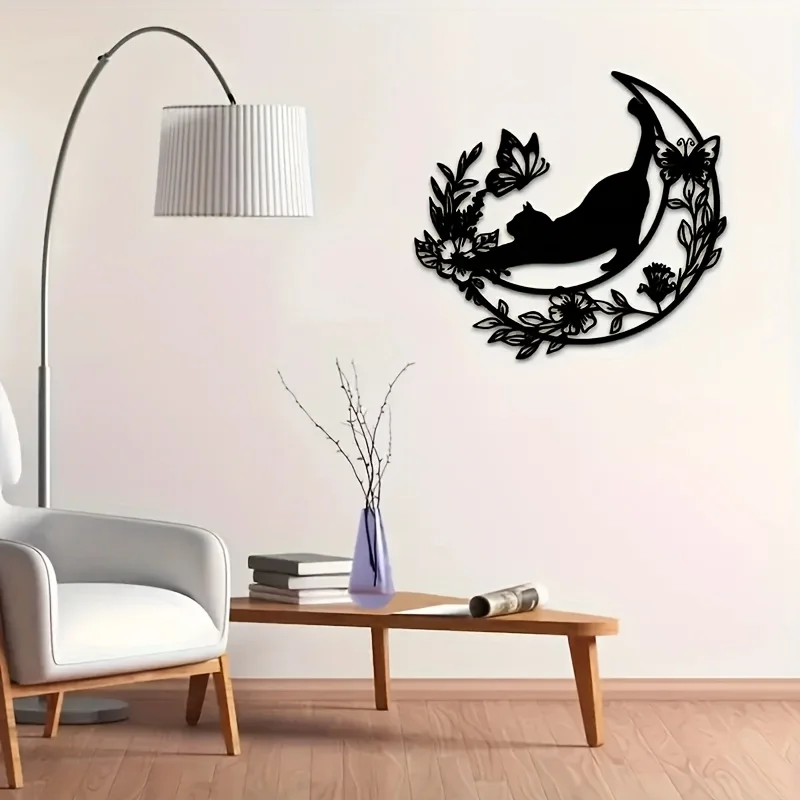 Black Cat Crescent Moon Metal Wall Art Iron 2D Flat Gothic Sculpture Bedroom Office Hanging Mural Halloween Cat Lover Gift