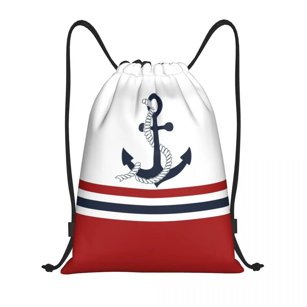 Custom Nautical Blue Anchors With Stripes Drawstring Bag Women Men Lightweight Sailing Sailor Sports Gym Storage Backpack