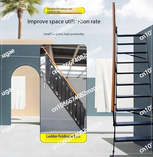 Side-Mounted Wall-Folding Loft Ladder for Indoor Apartment Use, Space-Saving Retractable Attic Stairs