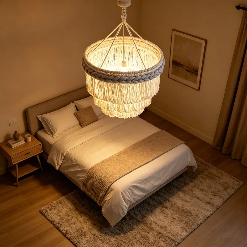 Nordic Style Hand-woven Cotton Rope Lampshade, Bohemian Woven Tapestry Fringed Lampshade Home Decoration