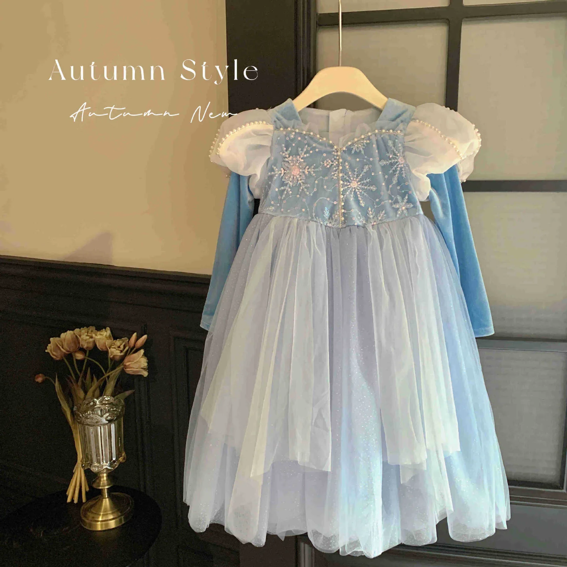 

Baby Girls Dress Fashion Snowflake Blue Tulle Dress Birthday Clothes Thickening 2024 Winter New Childrens Puffy Princess Dress