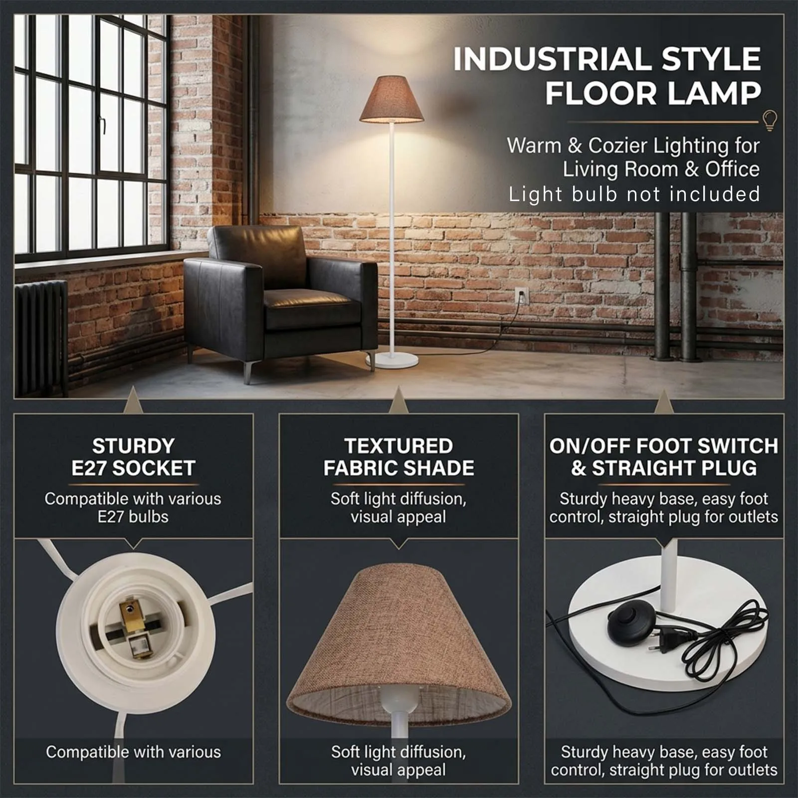 White Industrial Floor Lamp with Brown Tapered Fabric Shade and E27 Socket with Foot Switch for Living Room Office