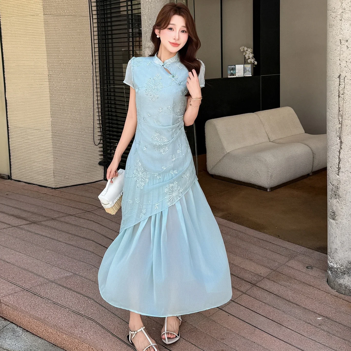 Light Blue Floral Embroidery Spliced Maxi Skirt for Summer Casual Chinese Style Modified Qipao Dress, Short Sleeve Frog Buttons