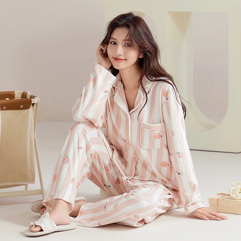 Lady Warm Island Velvet Sleepwear Autumn Winter New Pajamas Suit Long Sleeve Home Clothes Loose Nightwear Top&pants 2PCS Pijamas