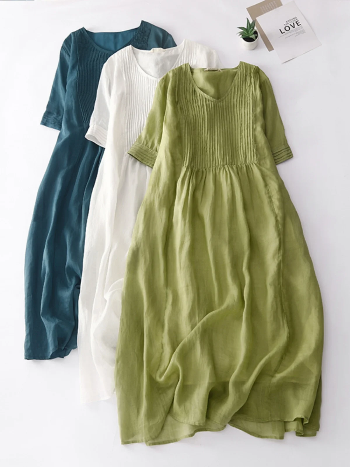 Vestido de Lino de Aodón de Marca Japonesa Artística, Hoado, con Pliegues en Acordeón, Manga Media, Estilo Vintage, Falda...