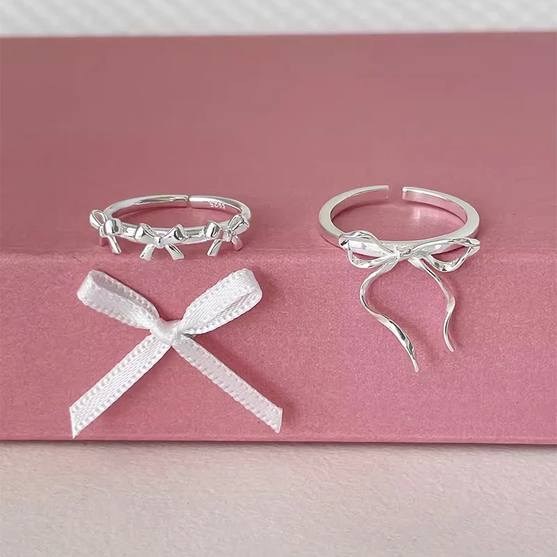 Foxanry Silver Color Ribbon Bowknot Rings For Women Girls Niche Design Simple Sweet Gentle Temperament Anniversary Jewelry Gifts