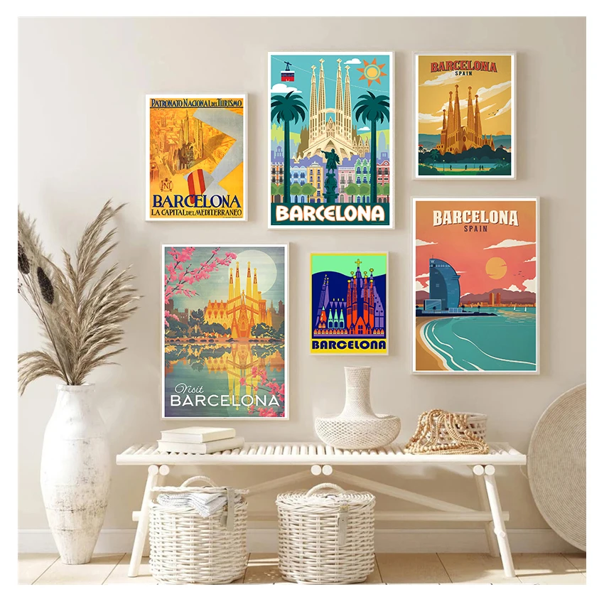 Travel Canvas Paintings Vintage Kraft Posters Coated Wall Stickers Home Decor Family Gift Europe Spain Barcelona Pop Art