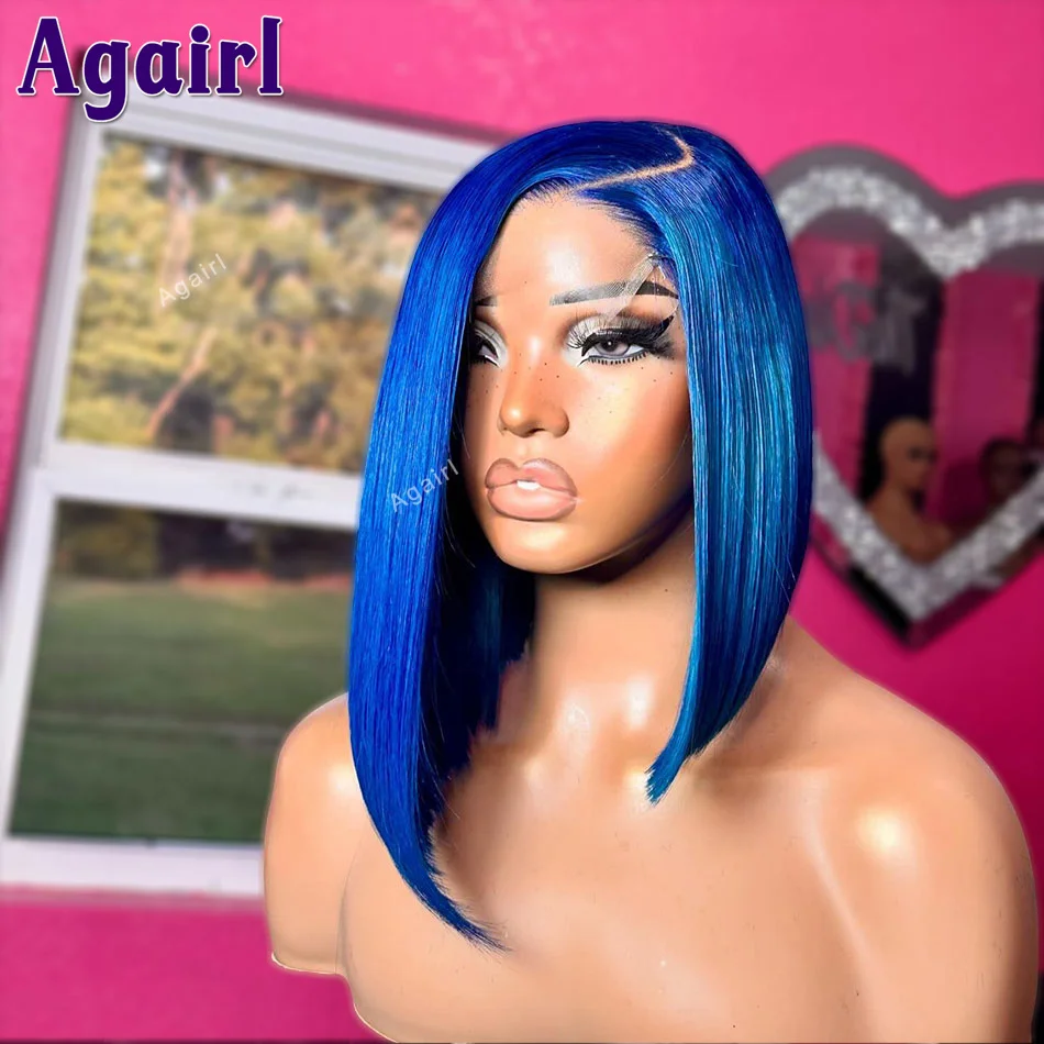 180% Sapphire Blue Colored Short Bob Human Hair Wigs 13X4 Transparent Lace Frontal Bob Wig Bone Straight Short Bob Wig For Women