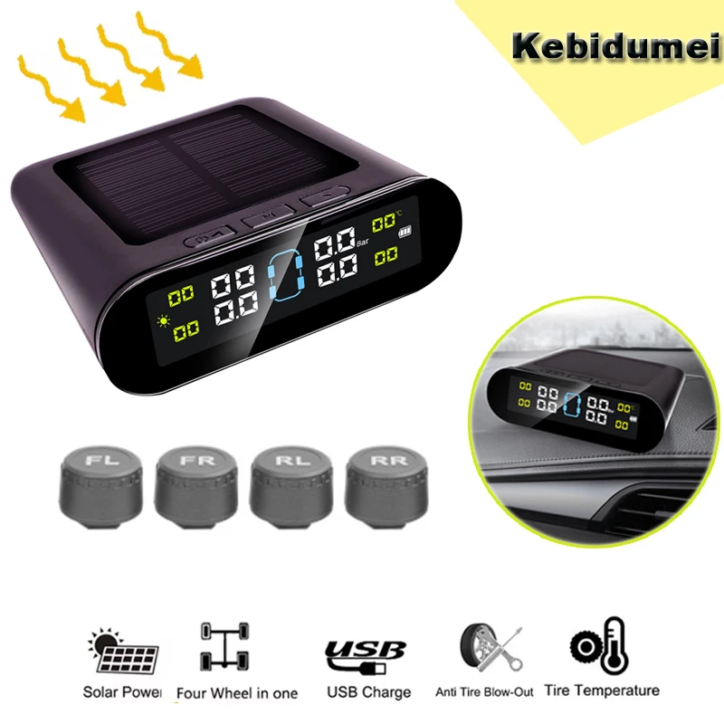 

Solar & USB Car Tire Pressure Monitoring System Solar Power Intelligent TPMS 4Wheel External Wireless Car Tire Pressure Monitor