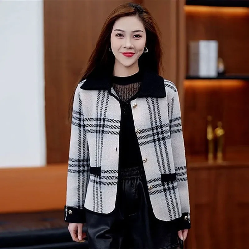 

Fashion Women's Woolen Jacket Short Grid Woolen Blended Coat New Spring Autumn Winter Jacket Elegant Female Outerwear Top