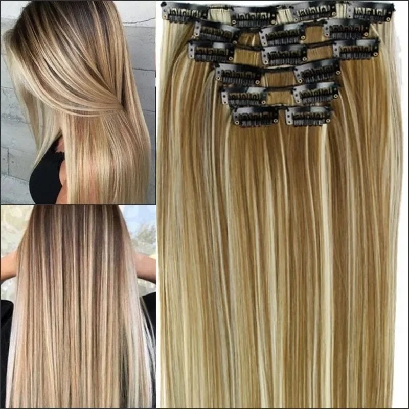 سلس الألياف الشعر التمديد قطع 16 مقاطع طويل مستقيم الشعر 6 قطعة مجموعة التستر قطع وصلات شعر الألياف الآسيوية #1