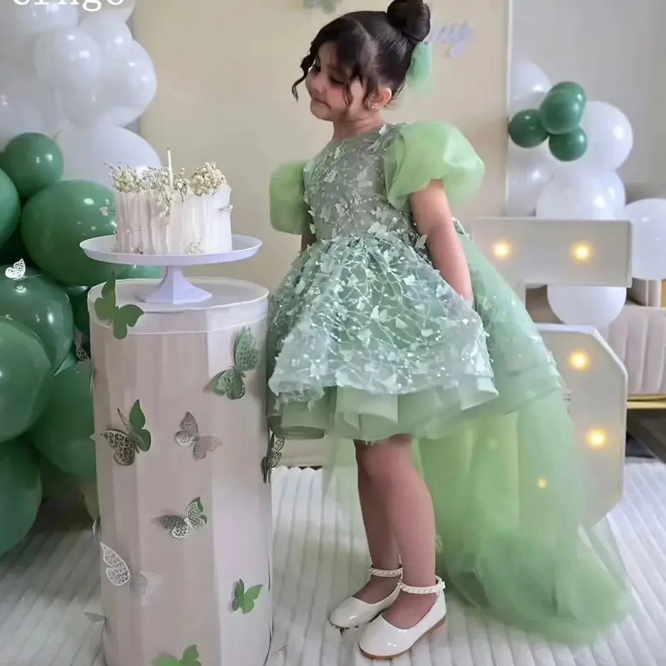 Elegant Customized Flower Girl Dress For Wedding Short Sleeve Sequined Tulle Applique Kids Birthday Party First Communion Gowns
