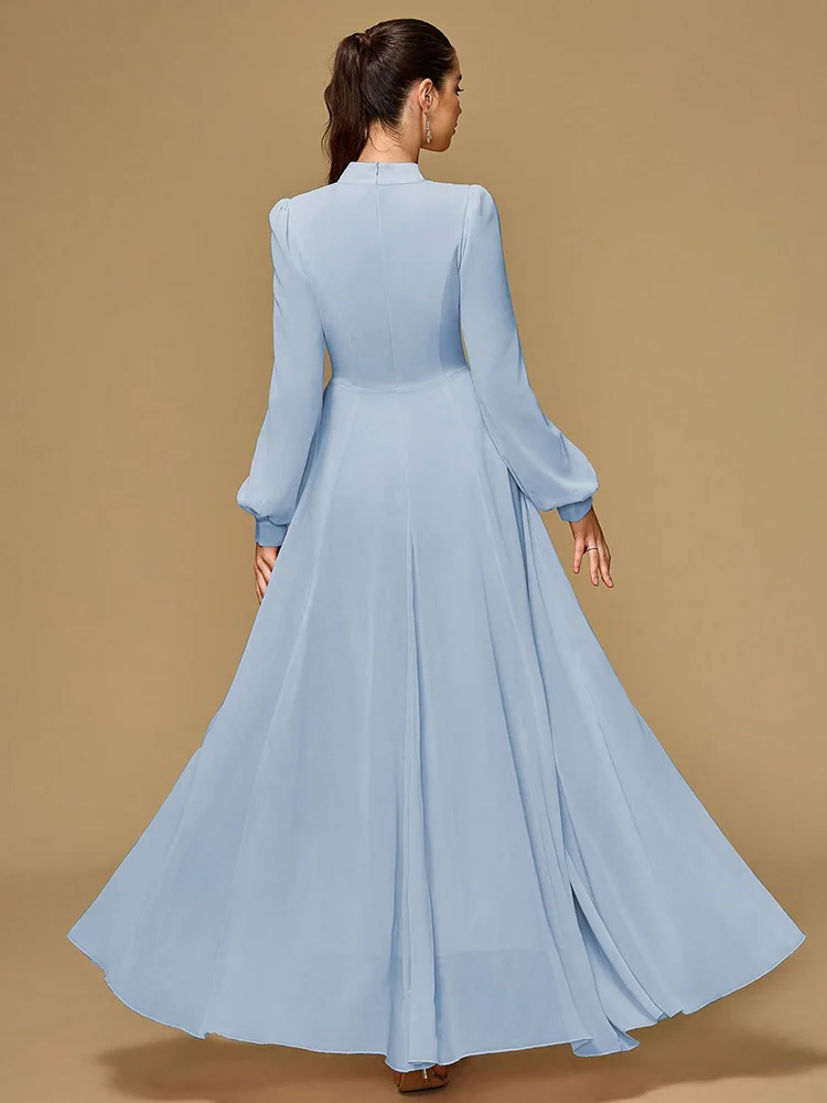 TOLEEN Women's Elegant Solid Dress With Beaded Front Panel Dyed Button, Ruffle Hem Design, Long Sleeve Maxi Wedding Spring Party