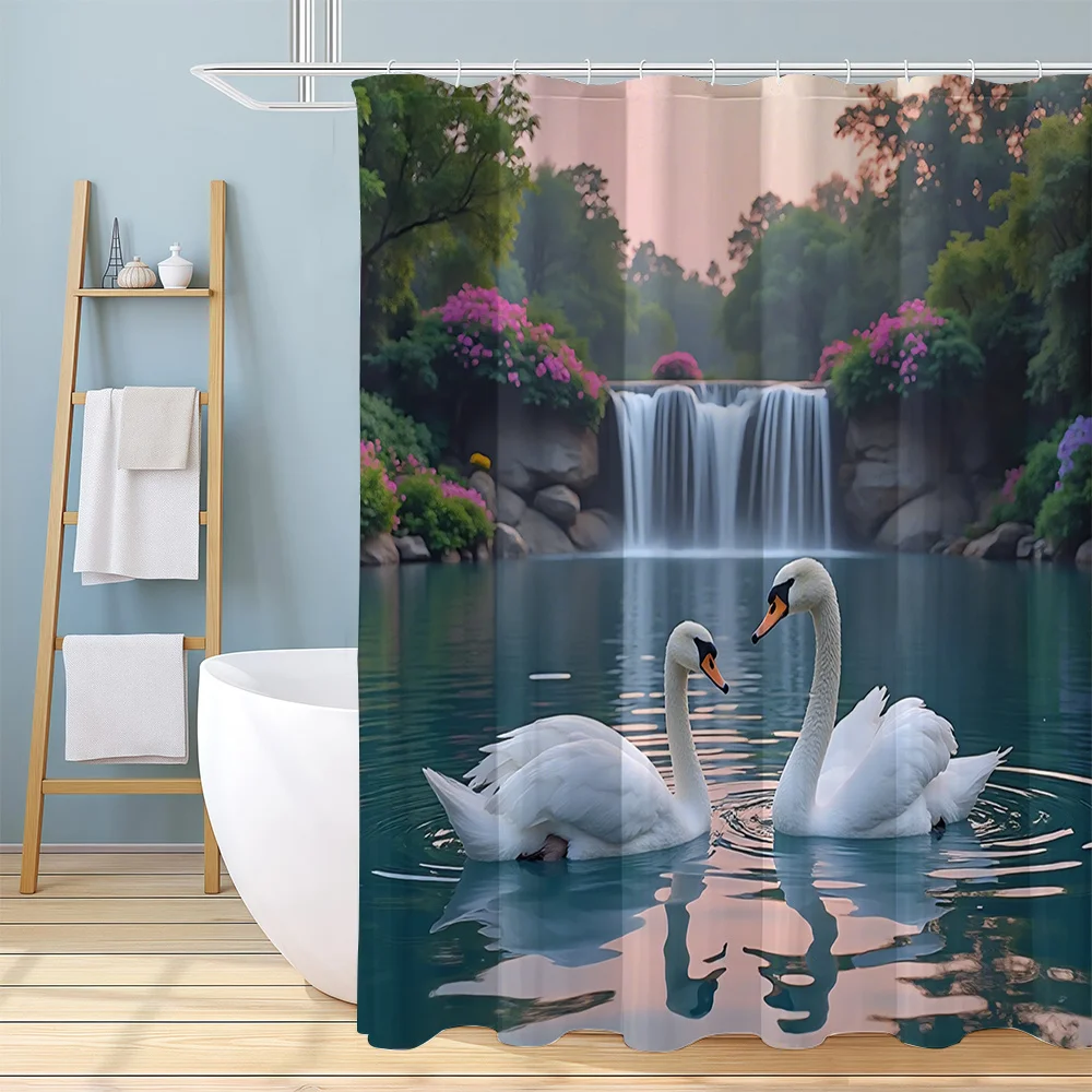 1pc Shower Curtain with Double Swan, Waterfall And Floral Patterns, Natural And Aesthetic Home Decor Bathroom Curtain, Includes