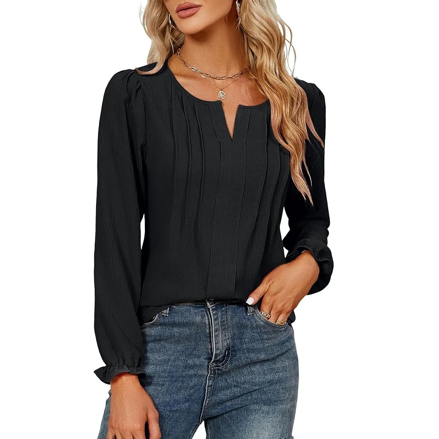 Lady V-Neck Shirt Women Solid Color Long Sleeved Blouse  Spring Autumn Elegant Office Top Clothes