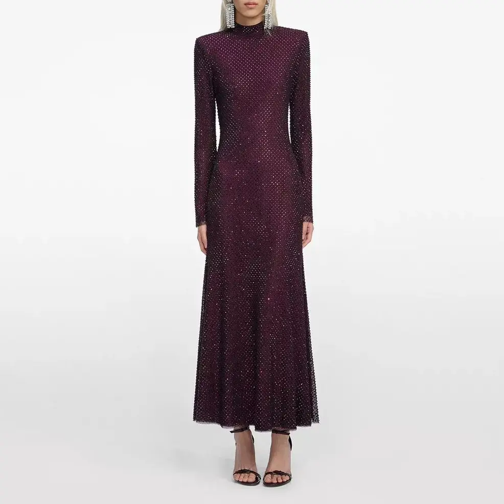 Women Burgundy rhinestone maxi dress long sleeve fashion long dress