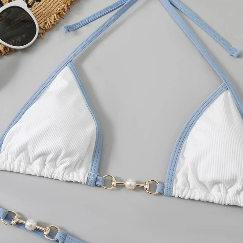 2 Pcs/Set Women Bikini Set Contrast Color Halter Neck Three-point Imitation Pearl Deep V Neck Swimming Suit Bathers