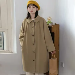 Khaki Long Trench Coats Women Japanese Style Long Jacket Fall Spring Cute Doll Collar Button Up Loose Causal Windbreaker Clothes