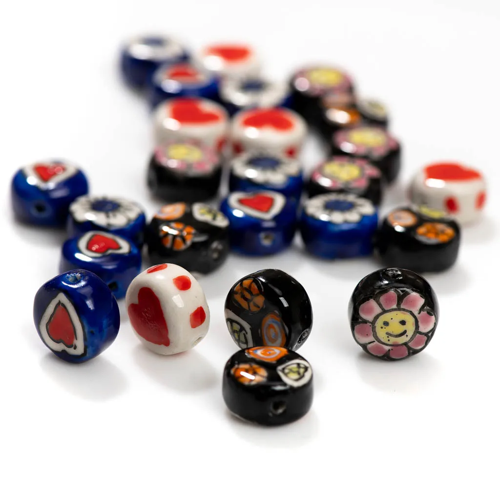 5pcs Hand-Painted Ceramic Beads Featuring Sunflowers, Hearts, and Flowers Z723