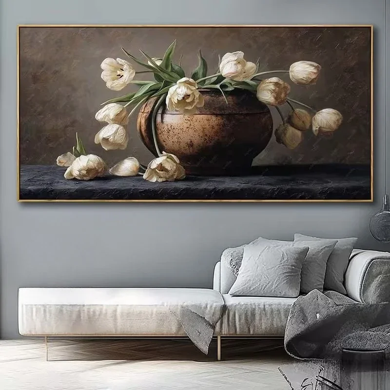 White Tulip Brown Earthenware Jar Poster and Prints Canvas Painting Wall Art Picture for Living Room Home Decor Cuadros No Frame