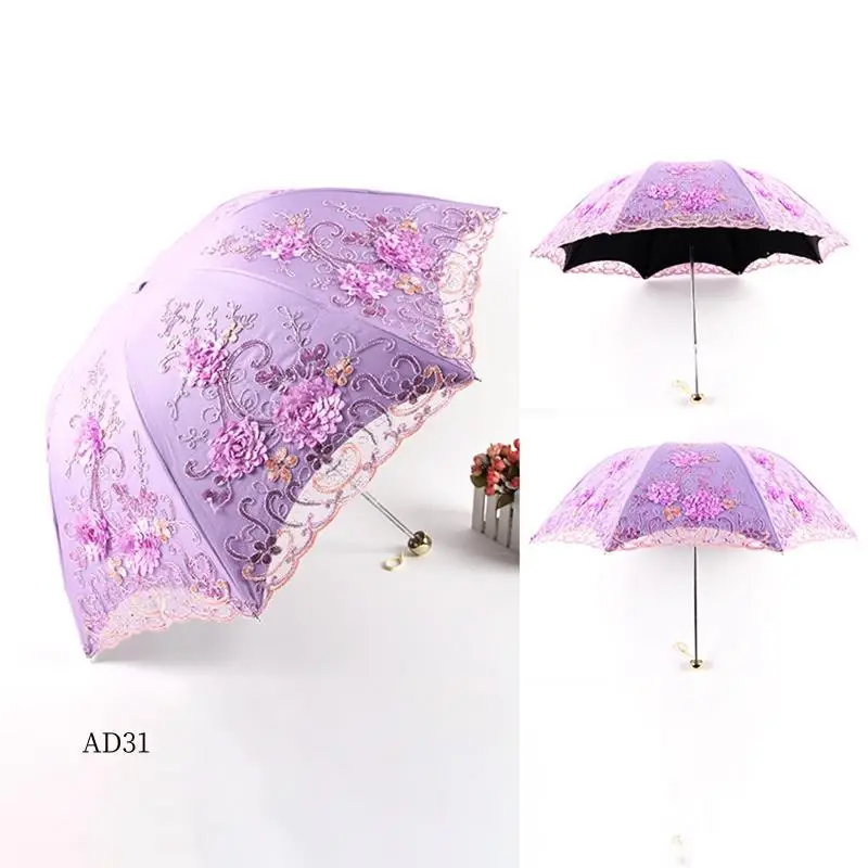 

New-Lace UV Sun Parasol Folding 3D Flower Embroidery Umbrella Outdoor Parasol Summer Wedding Flower Umbrella