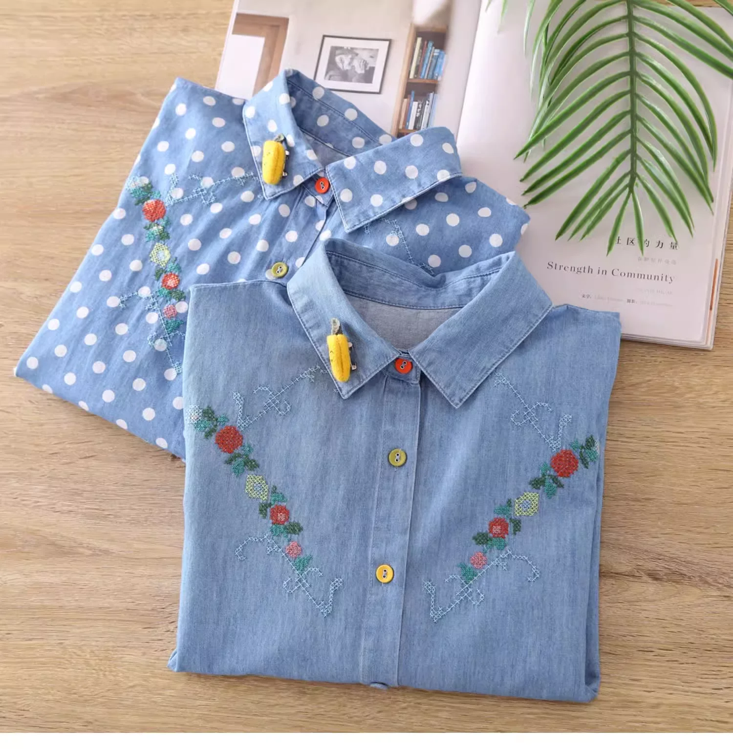 Autumn clothes woman 2024 vintage denim shirts women flowers embroidered denim blouses jean original brand women\'s clothing