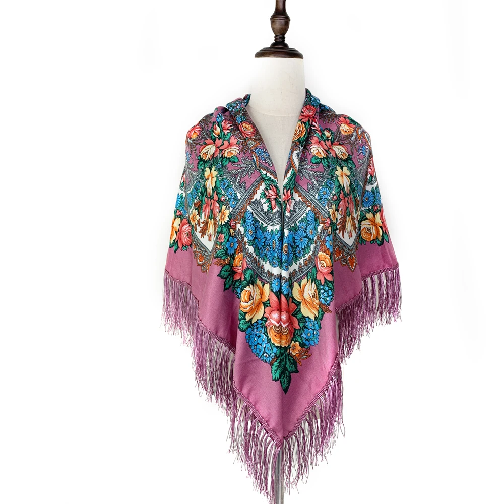 135*135cm Luxury Floral Print Russian Square Scarf Women Flower Printed Bandana Scarves Ukrainian Fringed Shawl Travel Sunshade