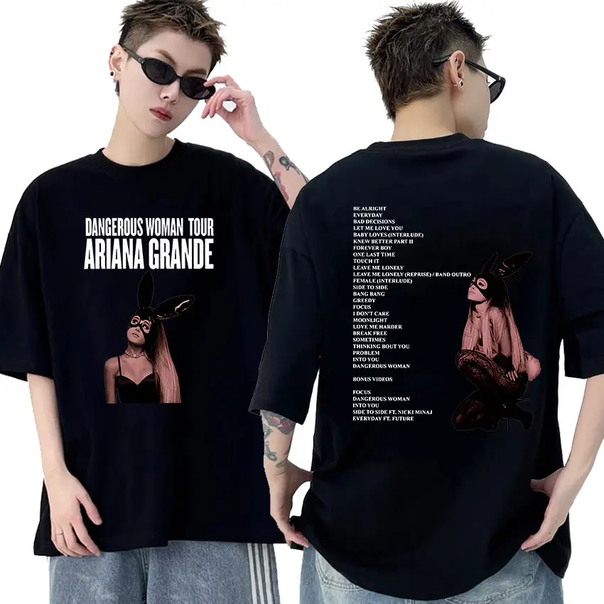 Ariana Grande Dangerous Woman Tour Album Print T-Shirt Men Women's Vintage Harajuku Fashion Oversized Cotton T Shirts Streetwear