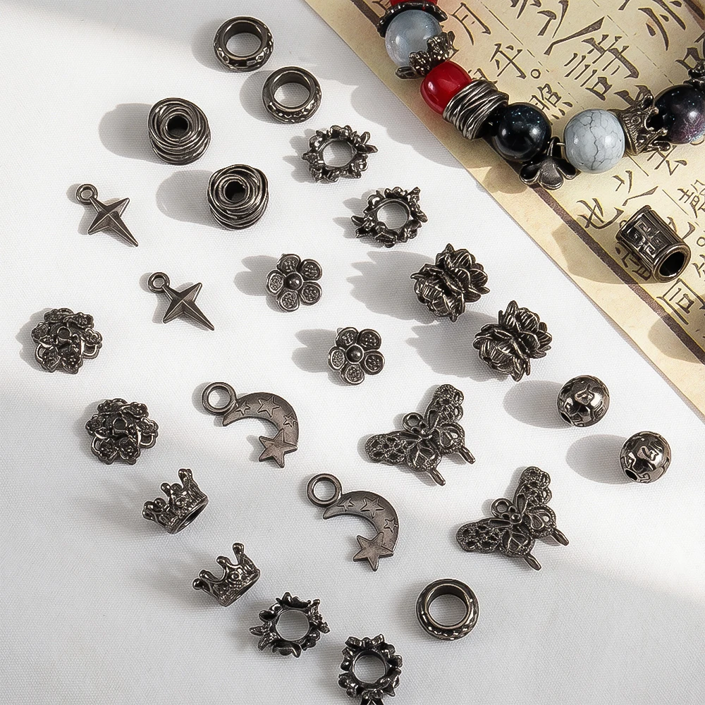 5Pcs Gun Black Alloy Jewelry Accessories Flower Bead Cap Charm Spaced Bead DIY Beaded Bracelet Necklace Keychain Accessories