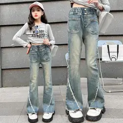 IENENS Fashion Flared Jeans Girl Spring Autumn High-waisted Slim-fit Pants Retro Y2K Street Kids Denim Trousers For 6-13 Years