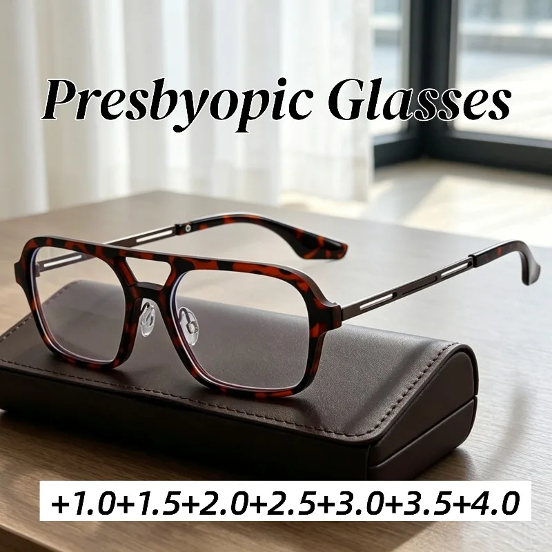 

New Fashion Vintage Double-Bridge Anti-Blue Light Presbyopia Glasses Outdoor High-Definition Ultralight Reading Eyewear Unisex