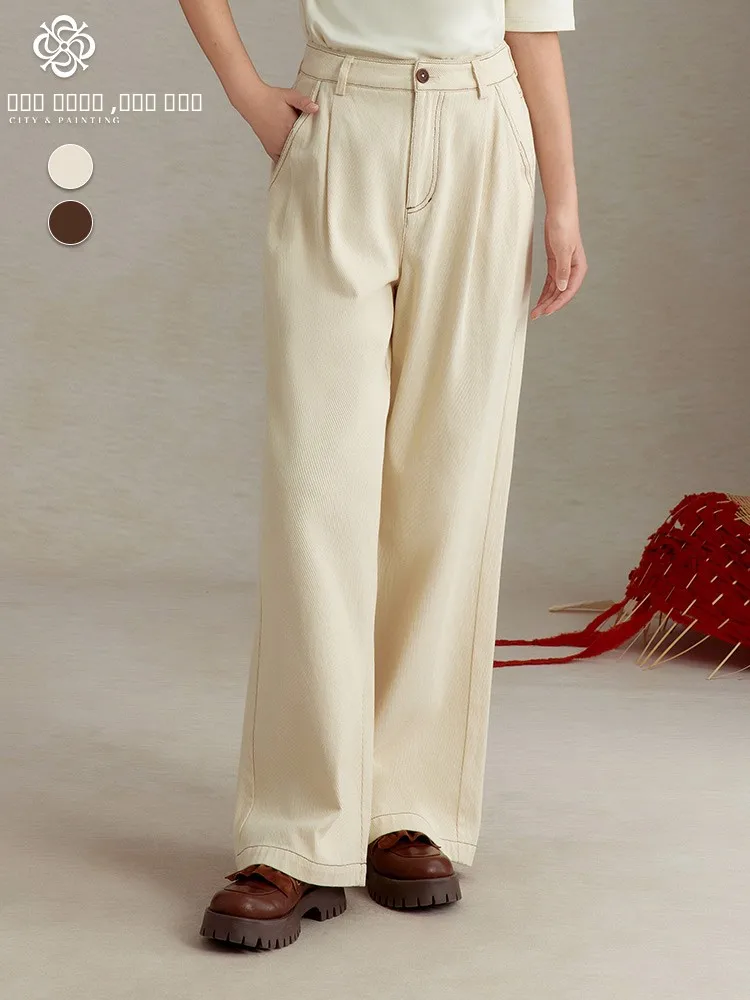 

High Waist Straight Leg Pants Women's Loose Drapey Pure Color Artistic Trousers Casual Cotton Pants for Ladies