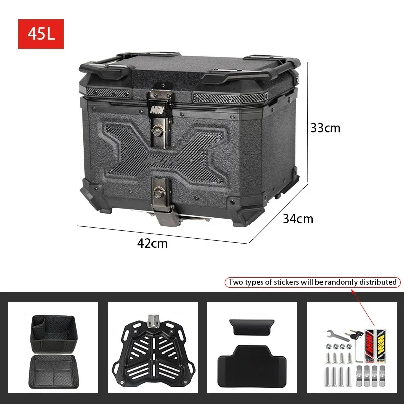 Universal 45L Motorcycle Top Box Tail Rear Luggage Tool Case Waterproof Motorbike Helmet Trunk Box with Bracket Base Plate