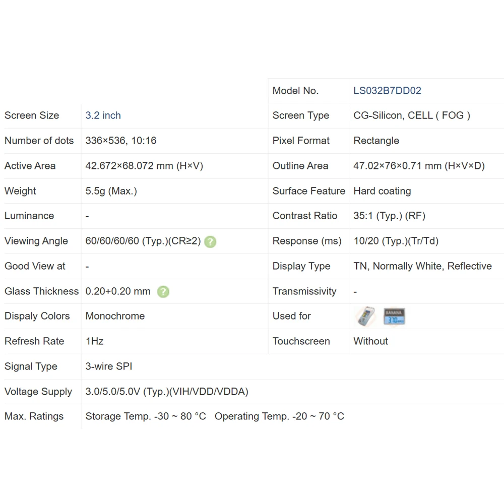 LS032B7DD02 New Original A-Grade 3.2 inch 336x536 LCD Display Screen for Industrial Equipment