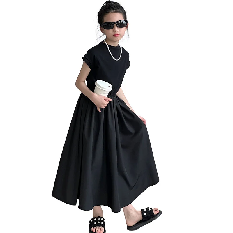 french design chic teen girls long dress junior black Sleeveless high neckline pleats Princess dresses child kids formal clothes