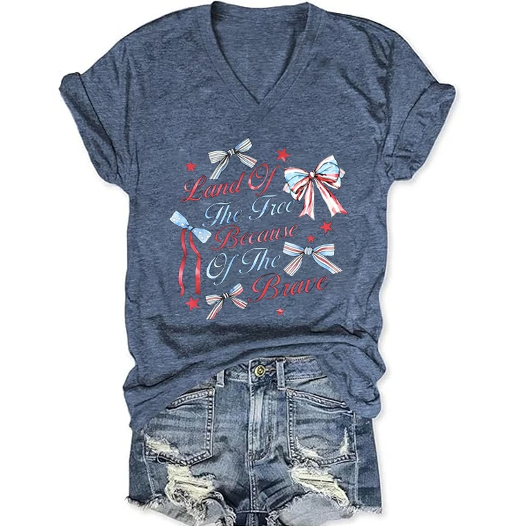 4th of July Graphic T Shirts V-neck Short Sleeve Tee 1776-2026 250th Birthday T-shirt Coquette Bow July 4th Summer Clothes