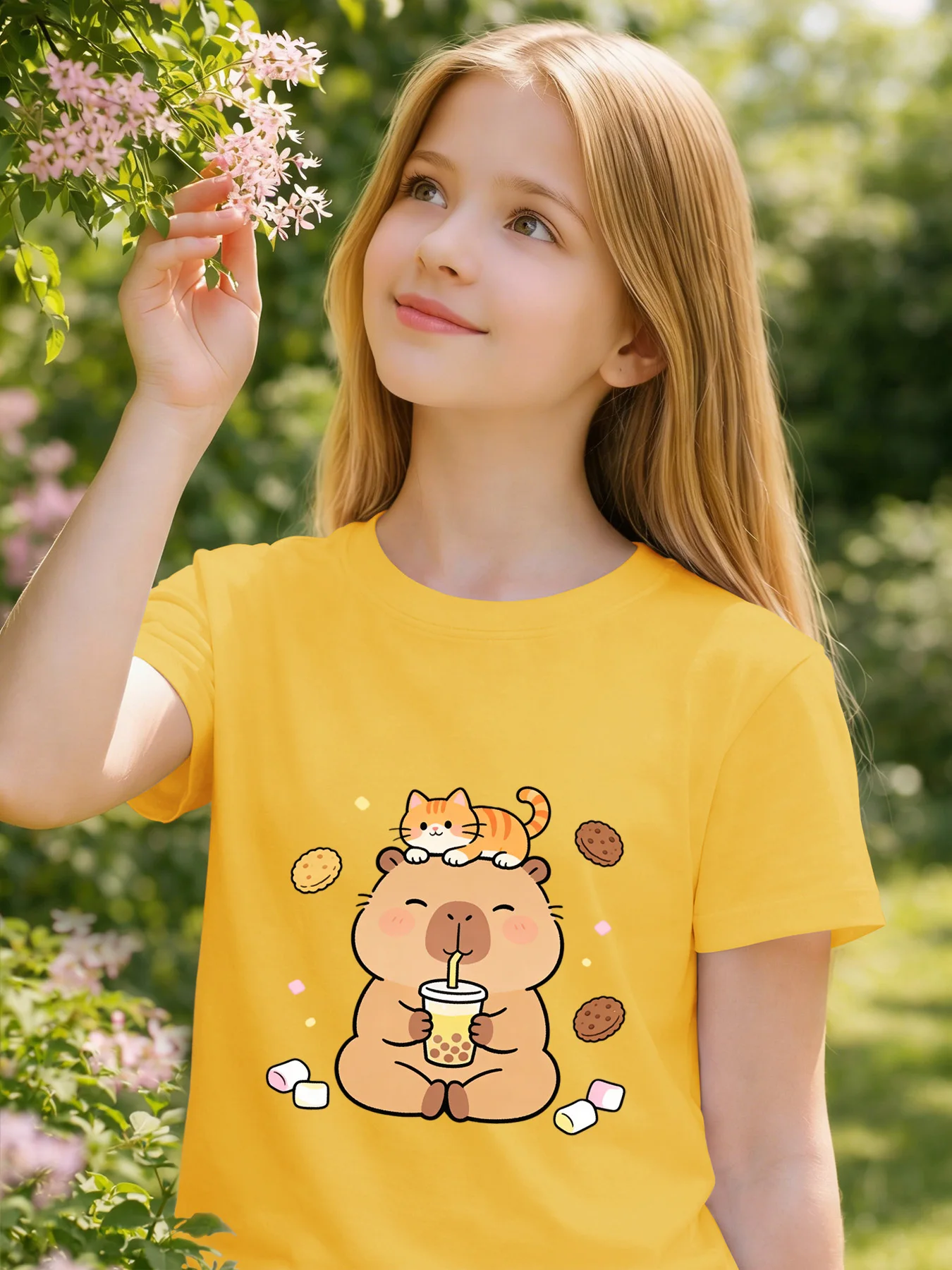 Capybara Kitten Boba Kids Tee Cartoon Animal Print Boys Girls Family Matching Cotton Summer Short Sleeve Basic Children Tshirt