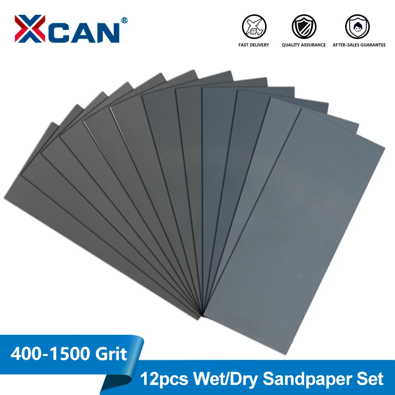 XCAN 12pcs Sandpaper Set 400 600 800 1000 1200 1500 Grit Wet/Dry Abrasive Sanding Paper for Car Metal Plastic Polishing
