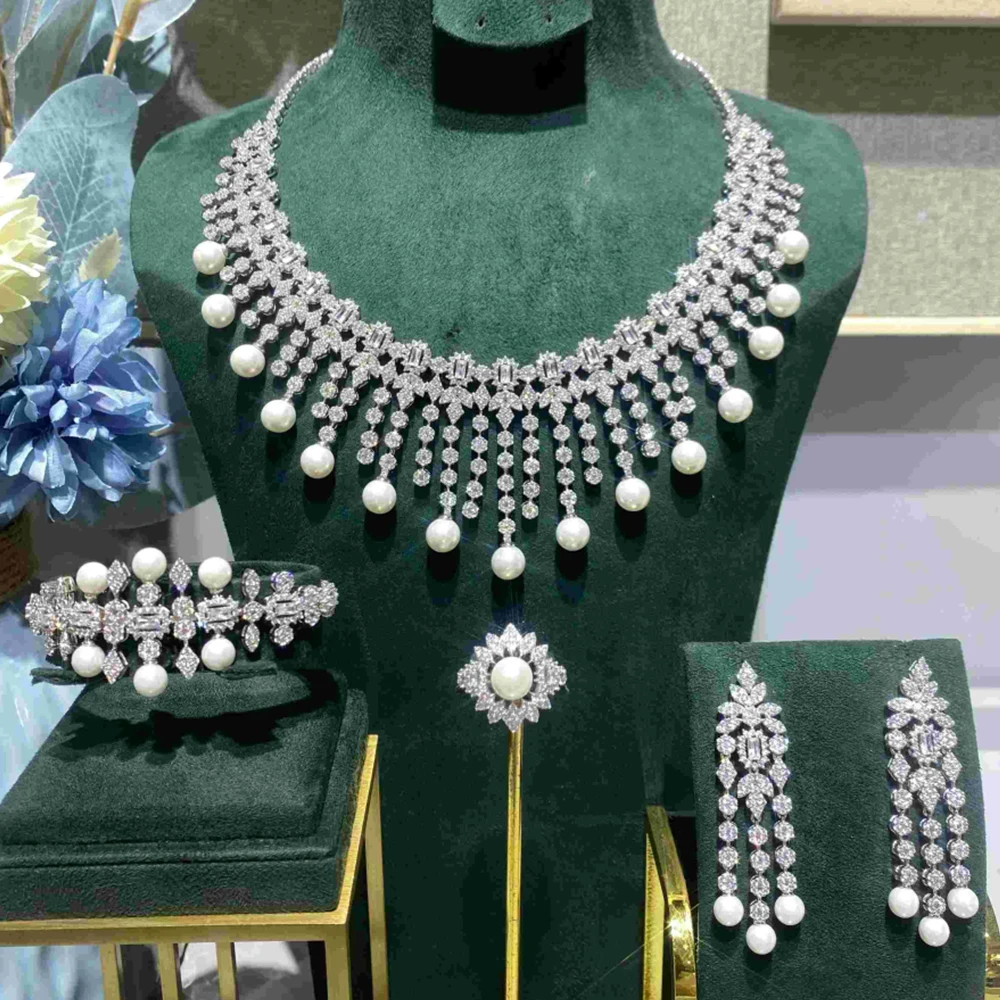 

019166 Women Necklace Sets Pearl Cubic Zirconia Bridal Jewelry DuBai Saudi Wedding Engagement Party Festival Jewel Accessory