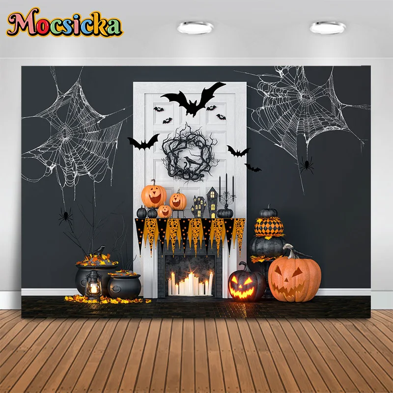 

Mocsicka Photography Backgrounds Halloween Fireplace Black Wall Pumpkin Horror Nights Holiday Party Kids Portrait Banner Studio