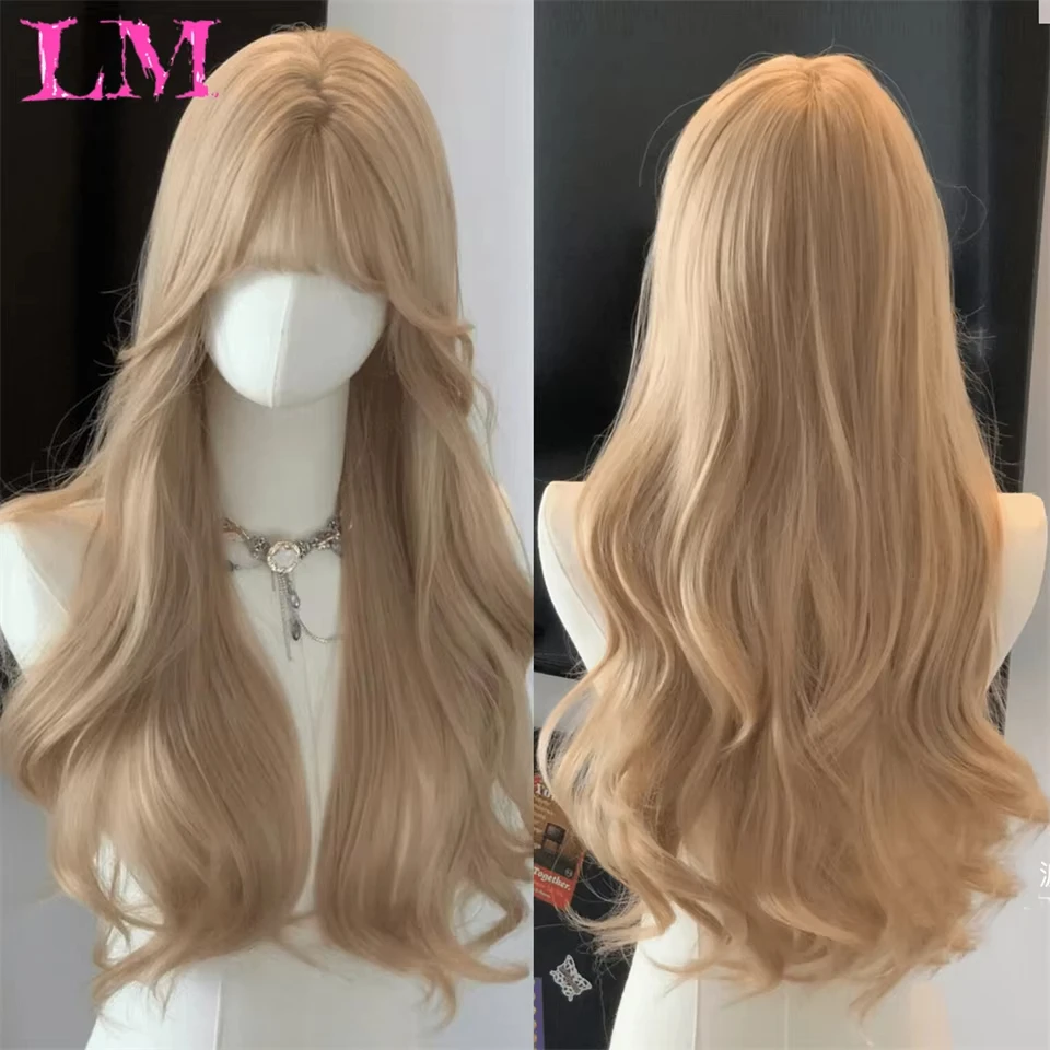 LM Synthetic Curly Long Wavy Black Blonde Highlights Synthetic Wig With Fluffy Bangs Suitable For Women Daily Use