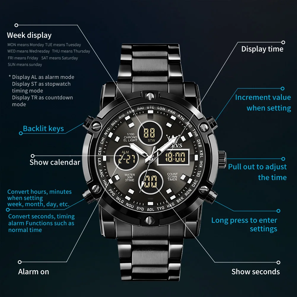 OLEVS Luxury Electronic Watches for Men Stainless Steel Waterproof Watches Alarm Chronograph Calendar Sports Men\'s Digital Watch