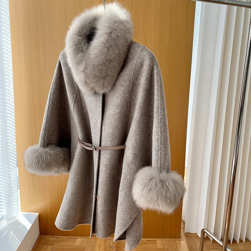 

Double-sided woolen cashmere coat women's 2023 autumn and winter new medium and long high-end cape fox fur collar wool coat