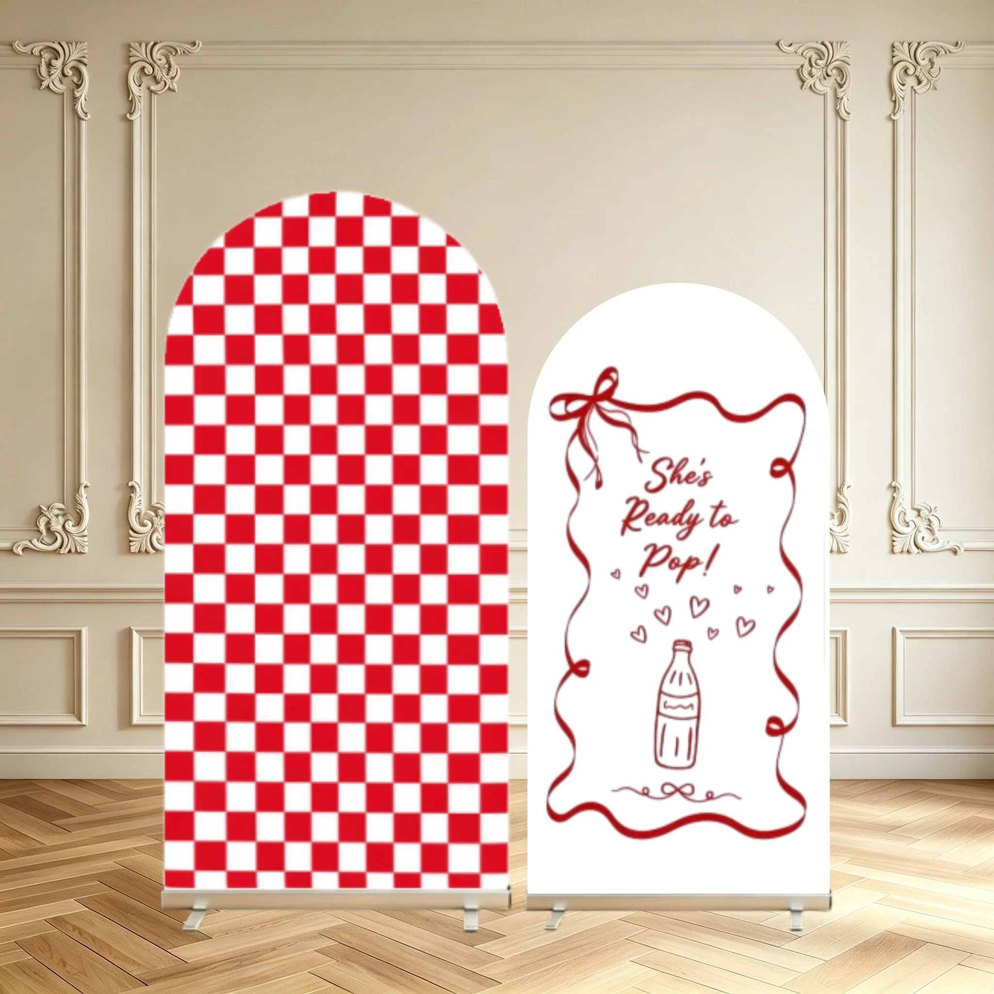Baby Shower Arch Backdrop Cover Red White Checkerboard She's Ready to Pop Newborn Party Decoration Double Sided Arch Covers
