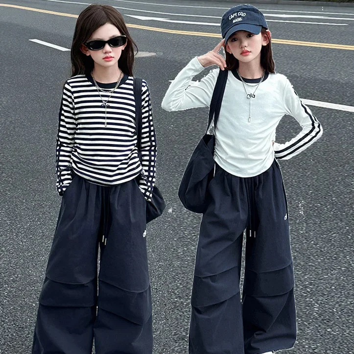 

Children Girls Autumn Sets Letter Printed T-shirt+Elastic Waist Cargo Pant Kids Girls Two-piece Setes Striped Baby Girls Sets