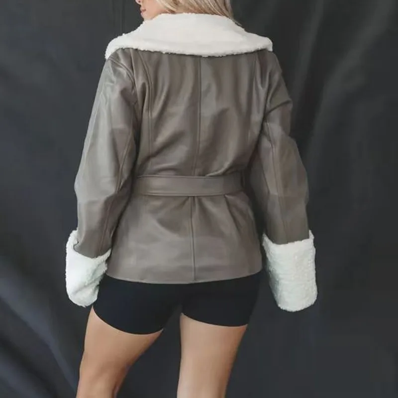 Winter PU Leder Revers Jacke Solide frauen Jacke Lange Ärmeln Spitze Up Fleece-gefüttert Jacke Neue Stil elegante Frauen Top