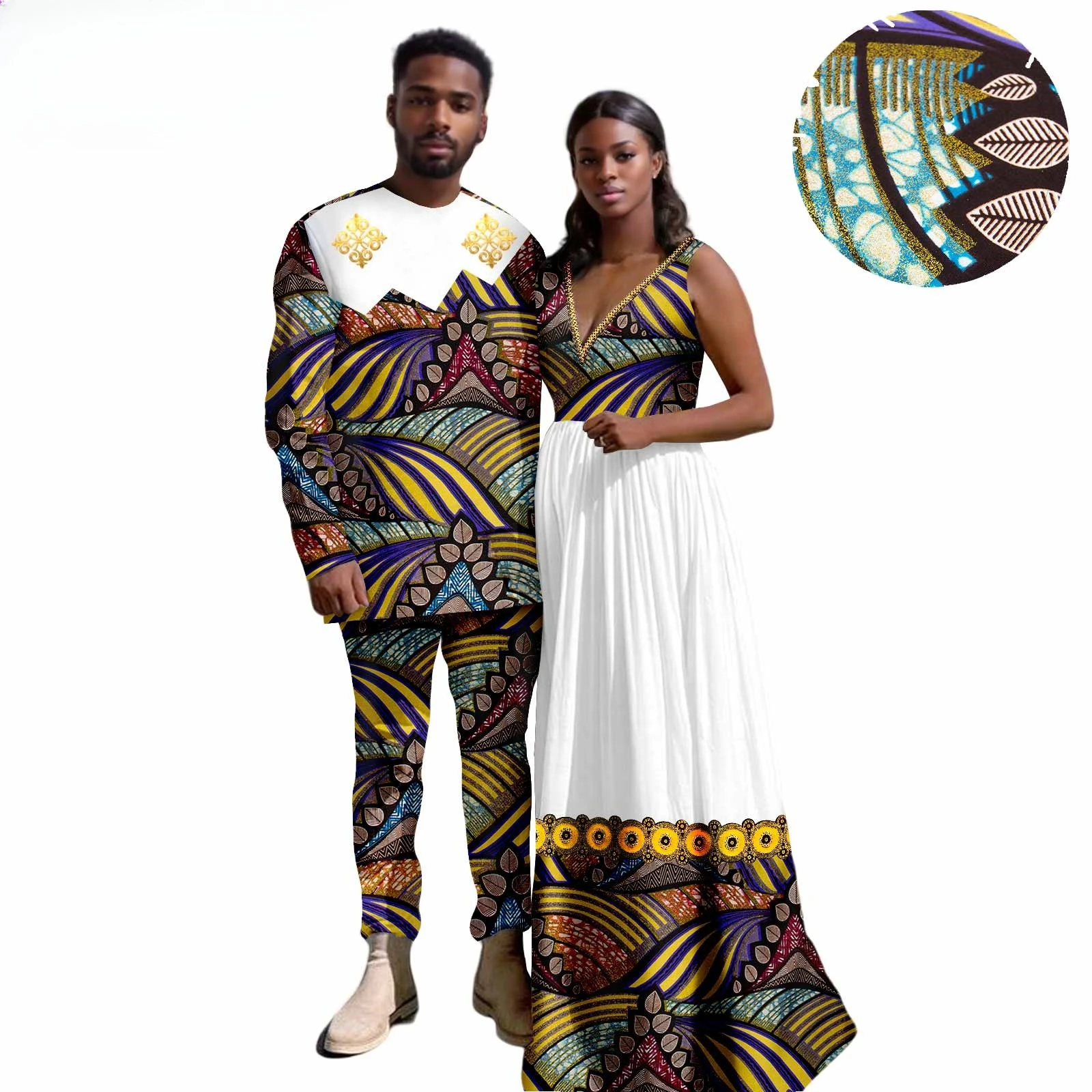 

African Printed Batik Cotton Couple Set, Women's Dress + Men's Suit A25C031Wedding Outfit Women Clothes Mens Clothes