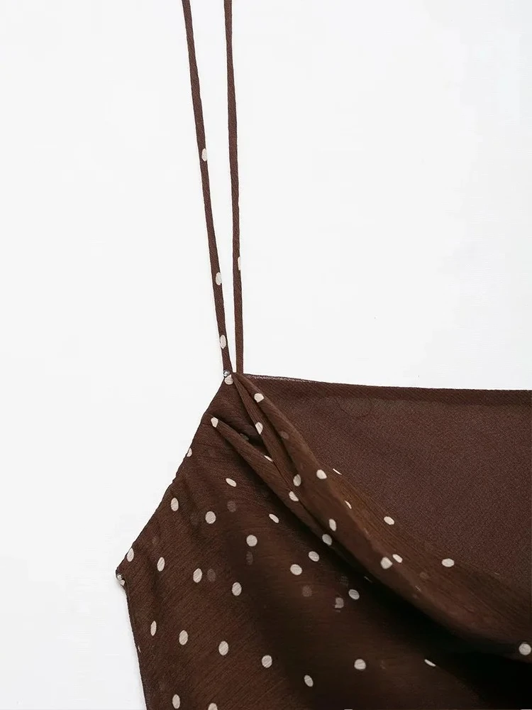 KONDALA Sexy Brown Women Dress Dot Cami Sleeveless Asymmetrical Straight Long Vestidos Fashion 2025 Autumn Holiday Party Dress