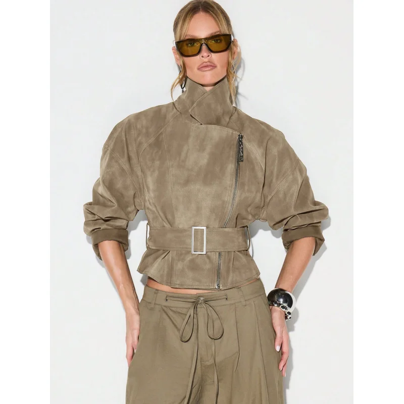 QICHE New Hot‑Sale Women Retro Workwear Outerwear Faux‑Suede Cropped Moto Jacket Stand‑Collar Zip‑Up Belted Long‑Sleeve Coat